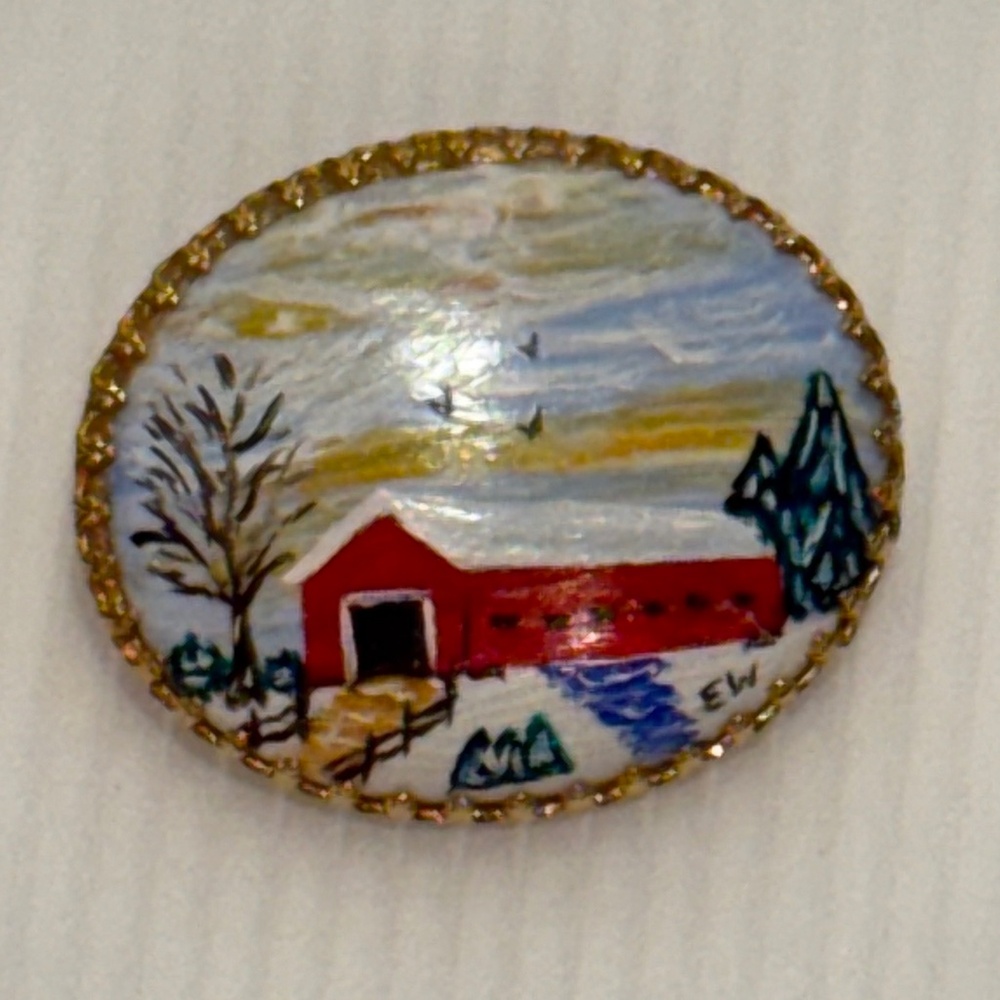 Vintage Hand Painted Red‎ Barn In Winter Brooch Pin Signed By EW Gold Trim